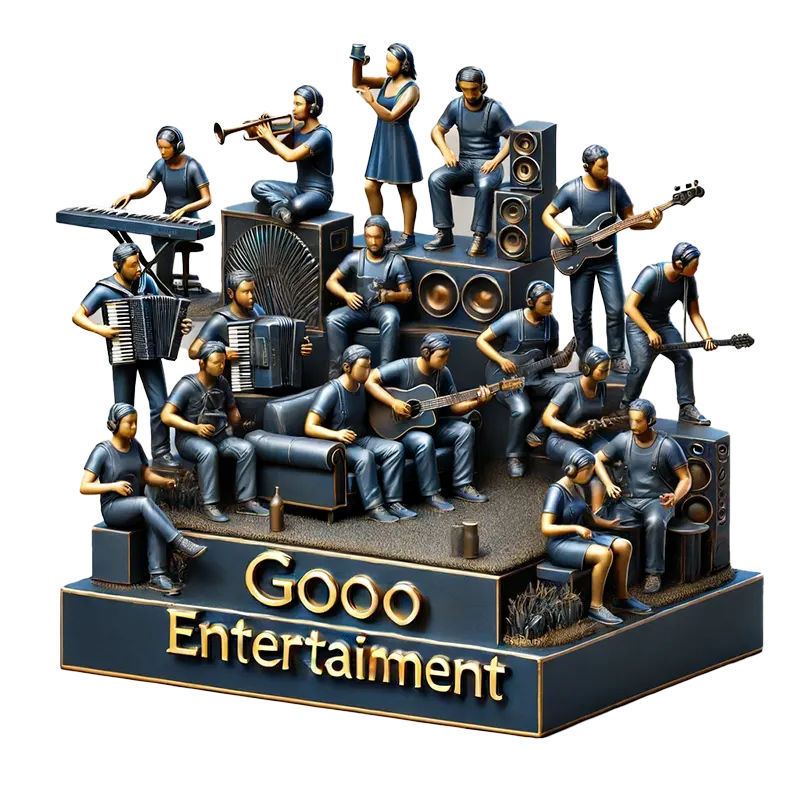 DALL·E 2024-06-13 19.11.24 - A neat and organized statue representing 'GOOO ENTERTAINMENT', designed in the same style as the original 'GOOO SPORT' statue. The statue features con copy